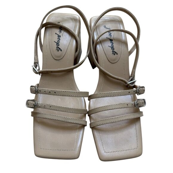Free People Sz 39.5 Shoes Niki Wrap Strappy Block Heels Square Toe Beige Dune - Picture 9 of 12